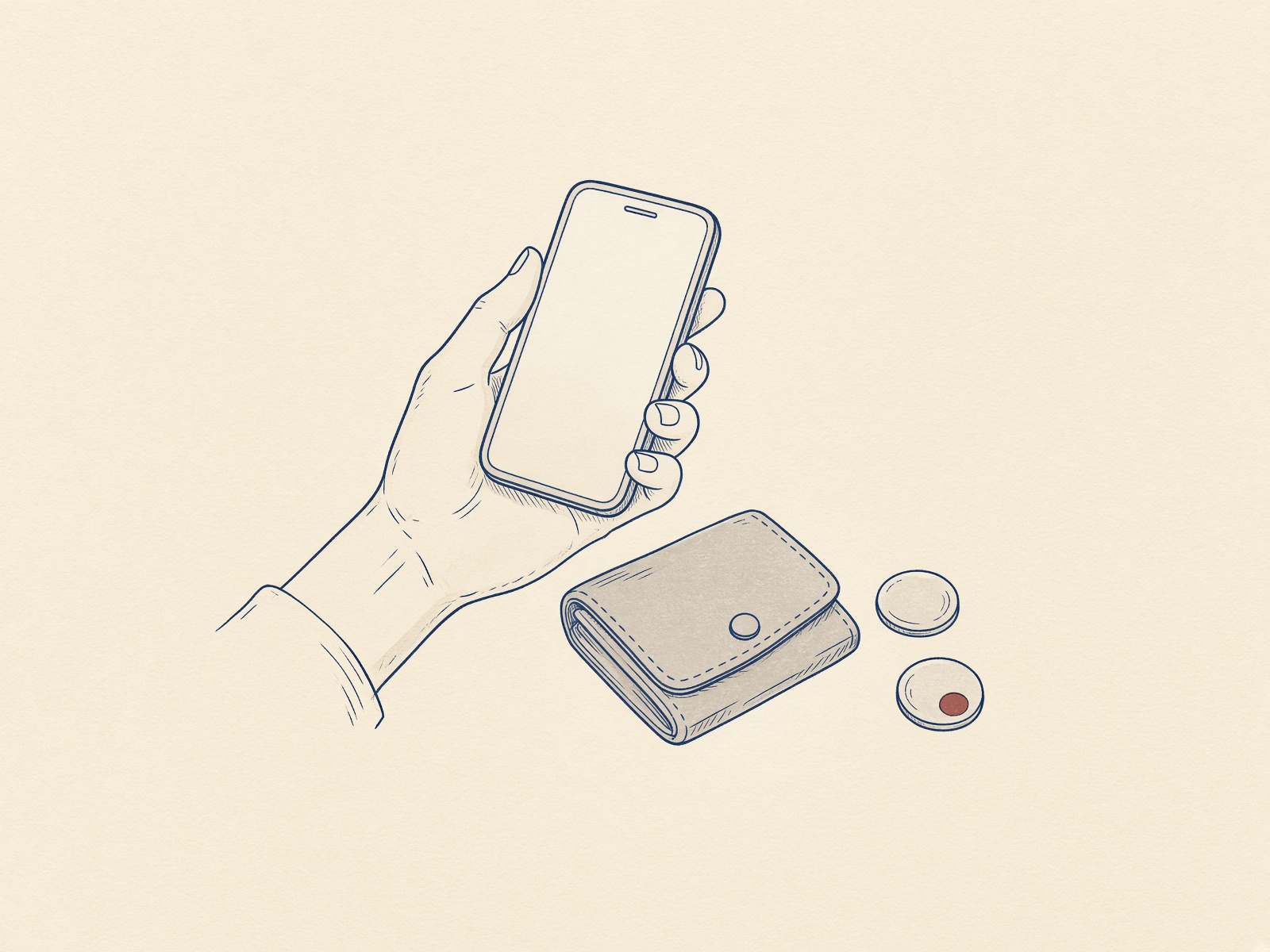 Line drawing of a hand holding a phone, with a folded wallet and two token chips